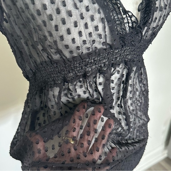 BCBG MaxAzria Black Sheer Polka Dot Flutter Sleeve Smocked Waist Blouse Size S - Picture 7 of 7